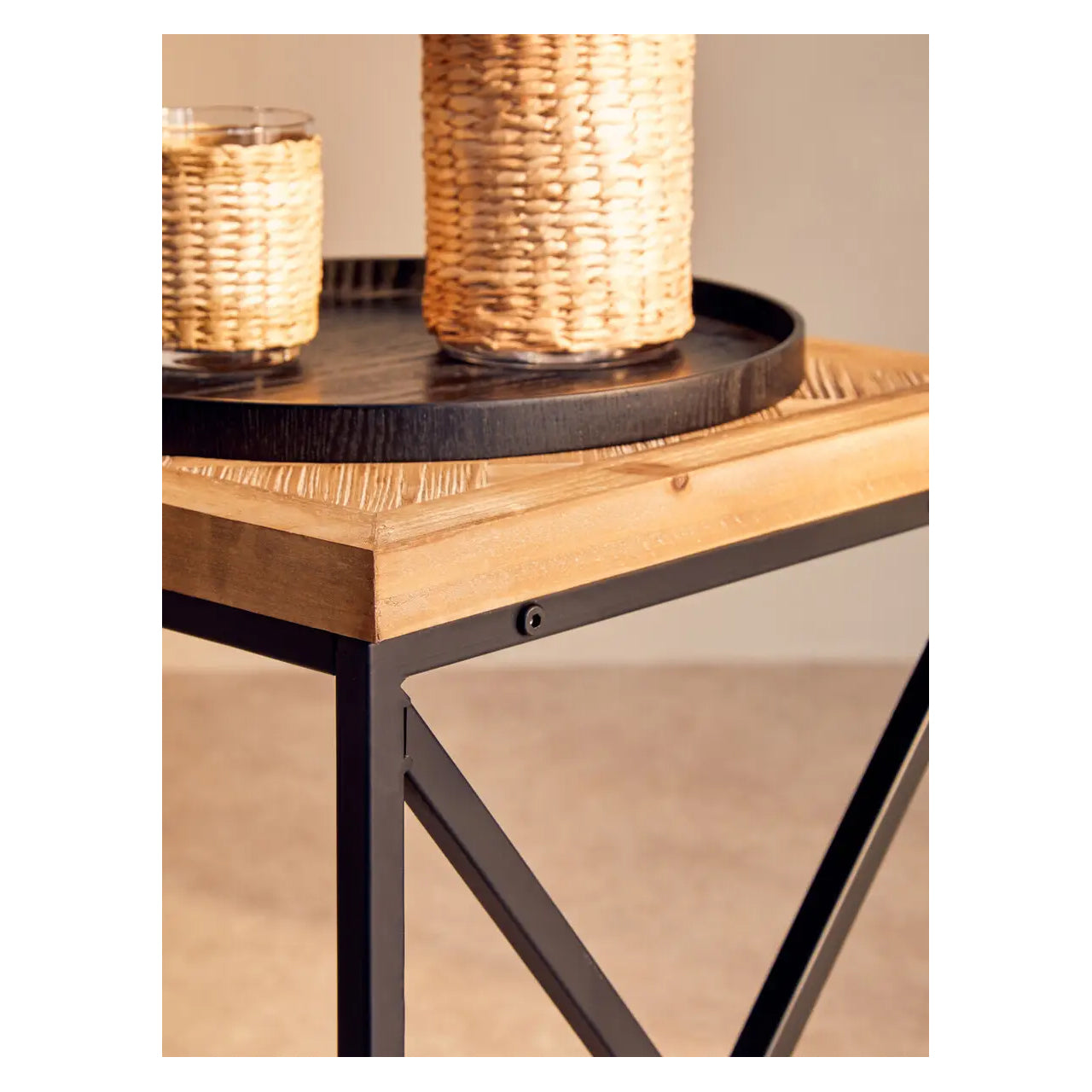 Kickford Wooden Coffee Table In Natural With Black Iron Frame