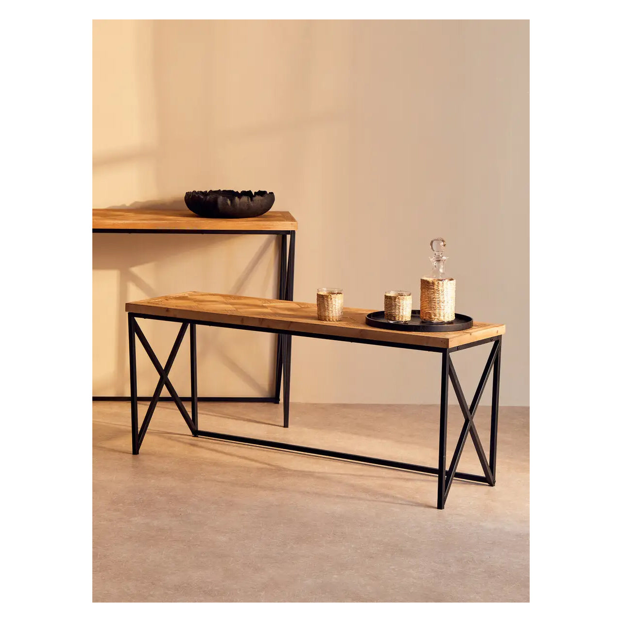 Kickford Wooden Coffee Table In Natural With Black Iron Frame