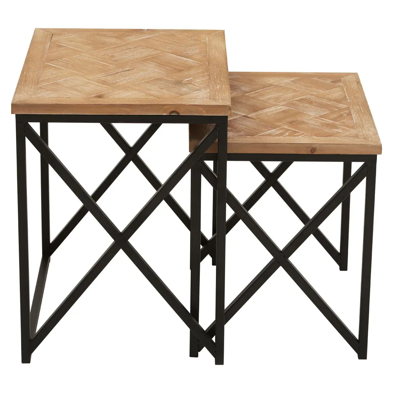 Kickford Wooden Set Of 2 Side Tables In Natural With Black Iron Frame