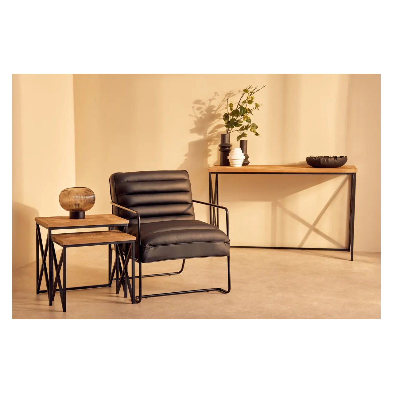 Kickford Wooden Set Of 2 Side Tables In Natural With Black Iron Frame