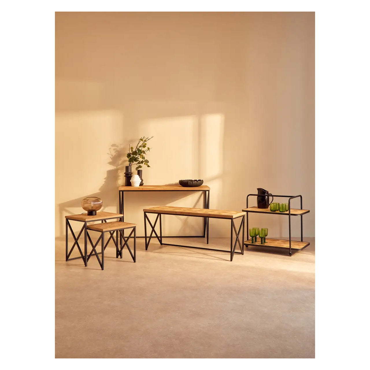 Kickford Wooden Set Of 2 Side Tables In Natural With Black Iron Frame