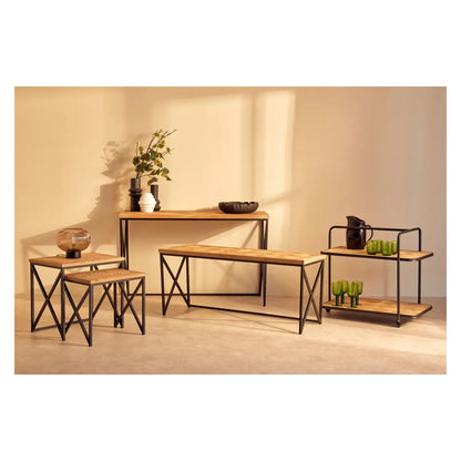 Kickford Wooden Set Of 2 Side Tables In Natural With Black Iron Frame