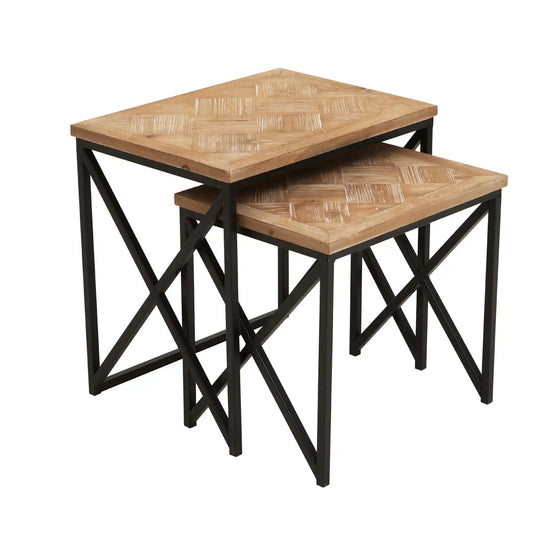Kickford Wooden Set Of 2 Side Tables In Natural With Black Iron Frame