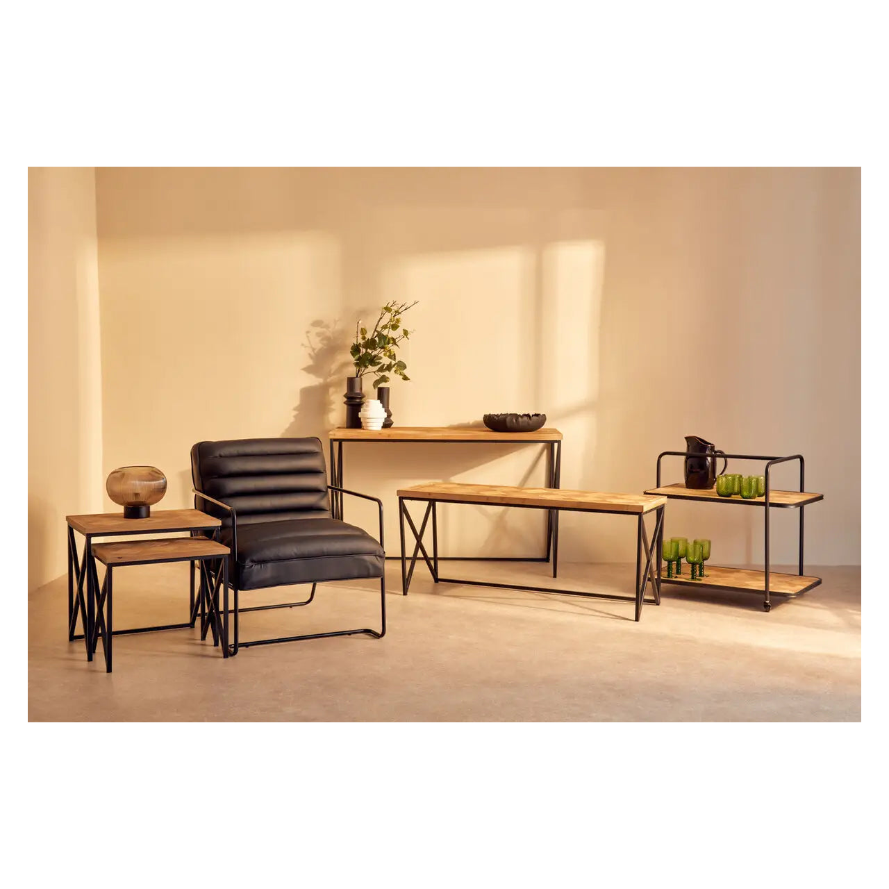 Kickford Wooden Serving Trolley In Natural With Black Iron Frame