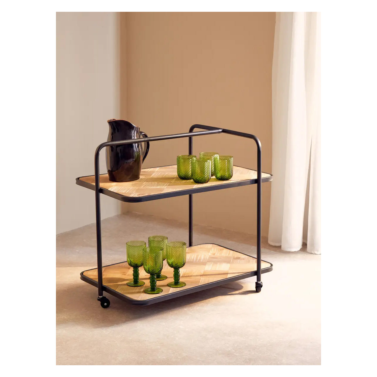 Kickford Wooden Serving Trolley In Natural With Black Iron Frame