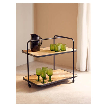 Kickford Wooden Serving Trolley In Natural With Black Iron Frame