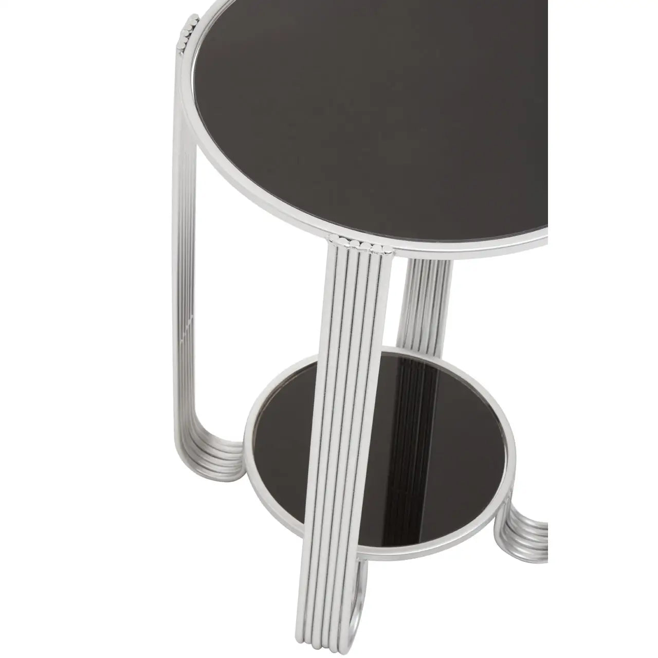 Jolie Round Mirrored End Table In Black With Silver Frame