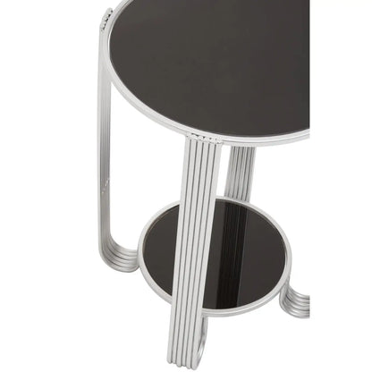 Jolie Round Mirrored End Table In Black With Silver Frame