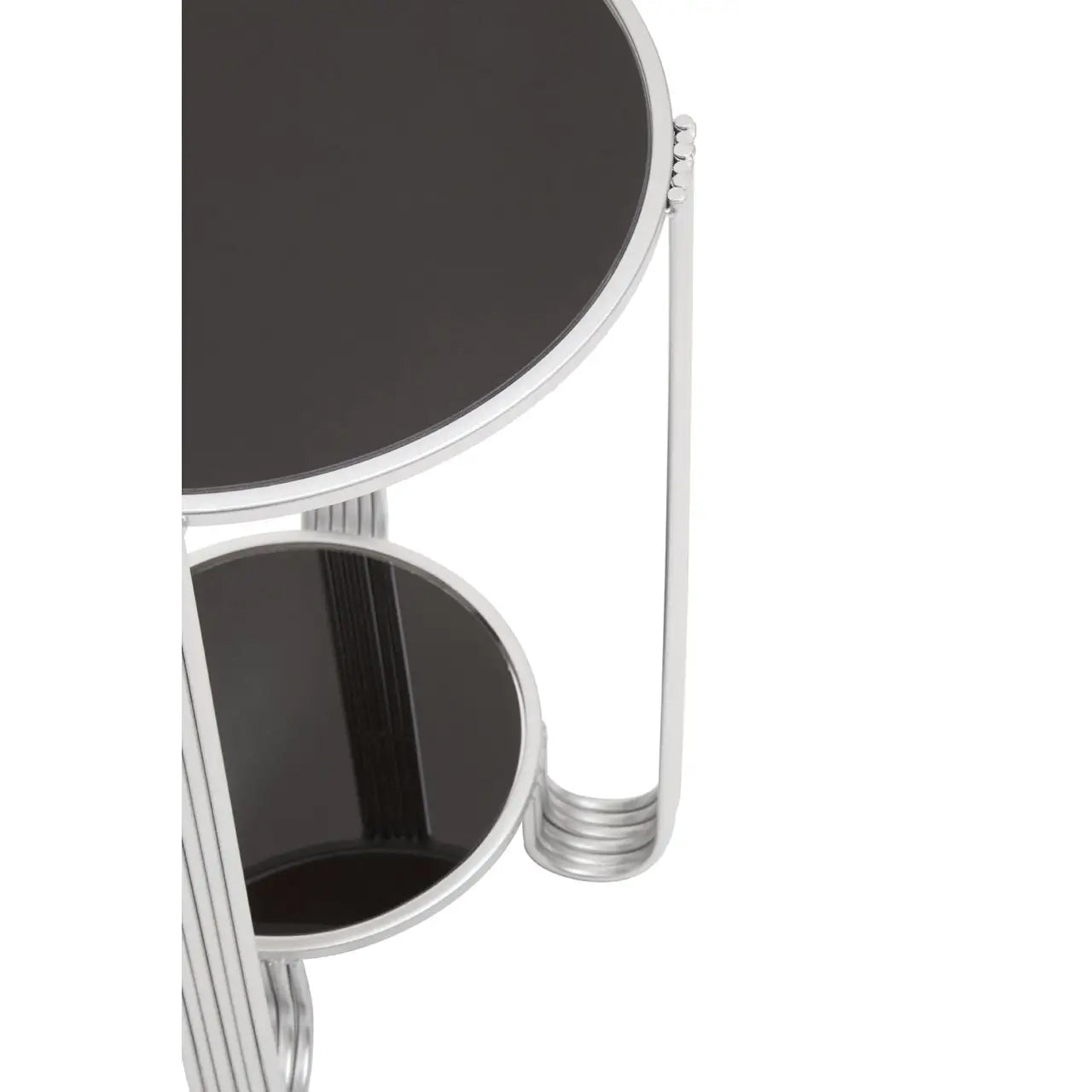 Jolie Round Mirrored End Table In Black With Silver Frame