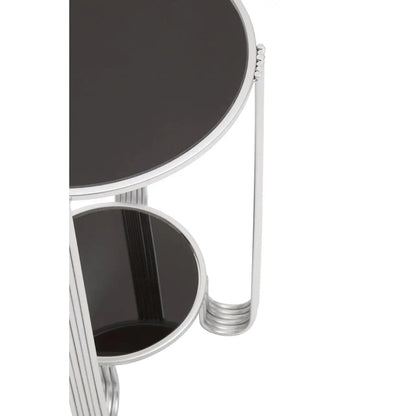 Jolie Round Mirrored End Table In Black With Silver Frame