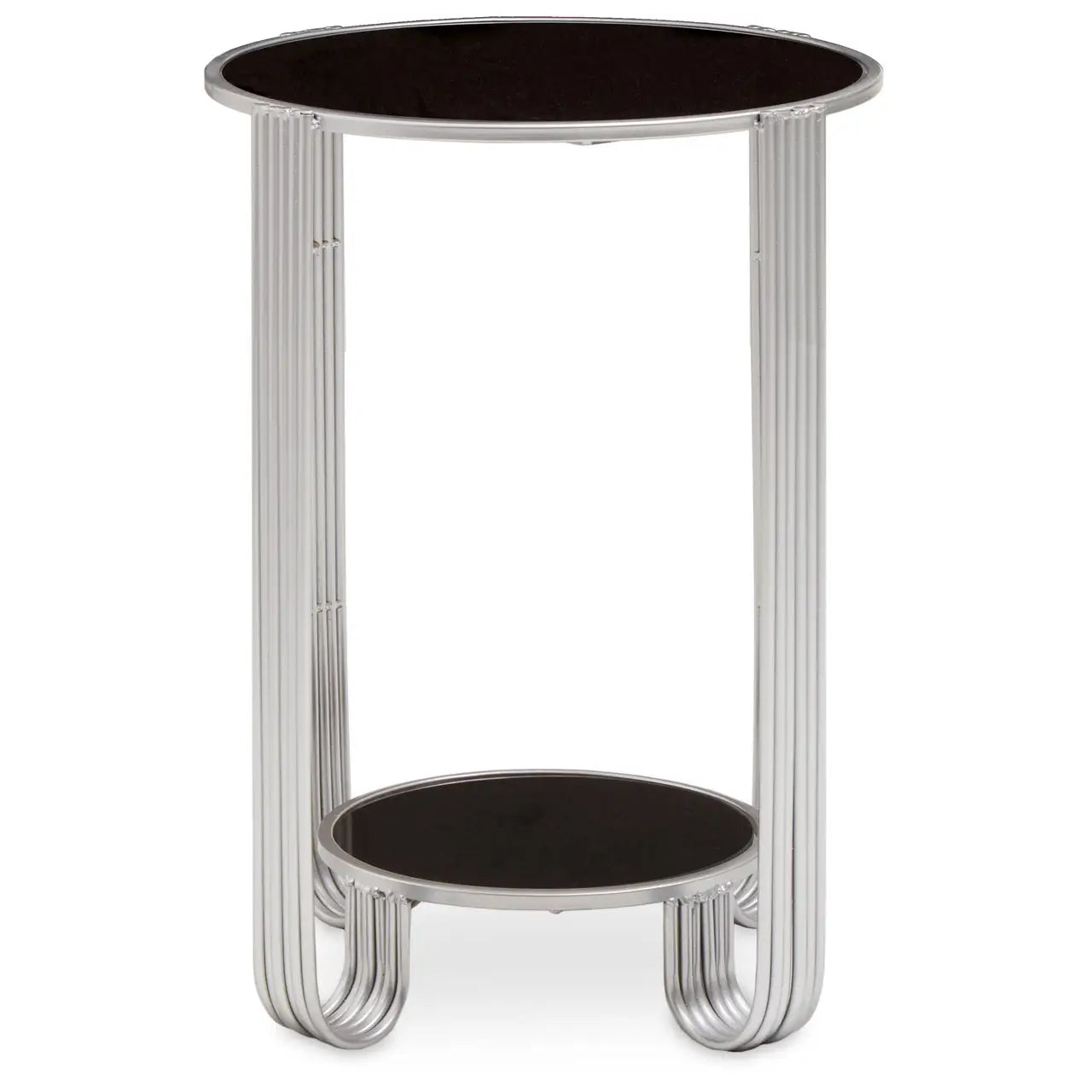 Jolie Round Mirrored End Table In Black With Silver Frame