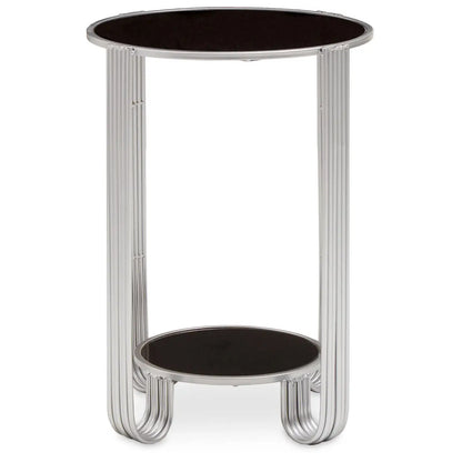 Jolie Round Mirrored End Table In Black With Silver Frame