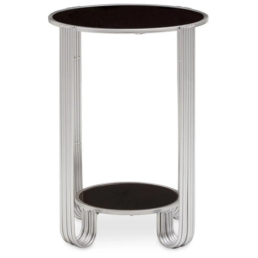Jolie Round Mirrored End Table In Black With Silver Frame