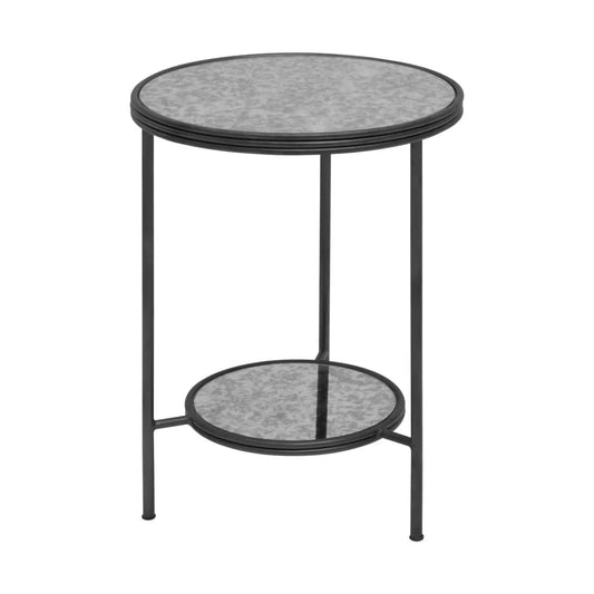 Xania Round Two Tier Antique Mirrored Glass Side Table In Monochrome Hues
