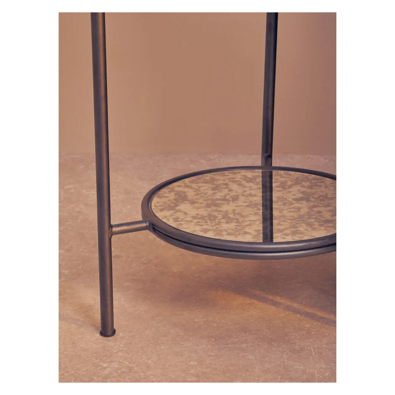 Xania Round Two Tier Antique Mirrored Glass Side Table In Monochrome Hues