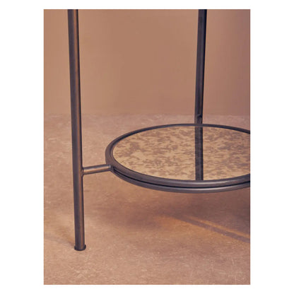 Xania Round Two Tier Antique Mirrored Glass Side Table In Monochrome Hues