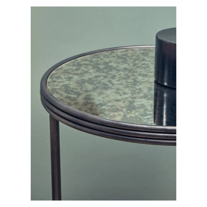 Xania Round Two Tier Antique Mirrored Glass Side Table In Monochrome Hues