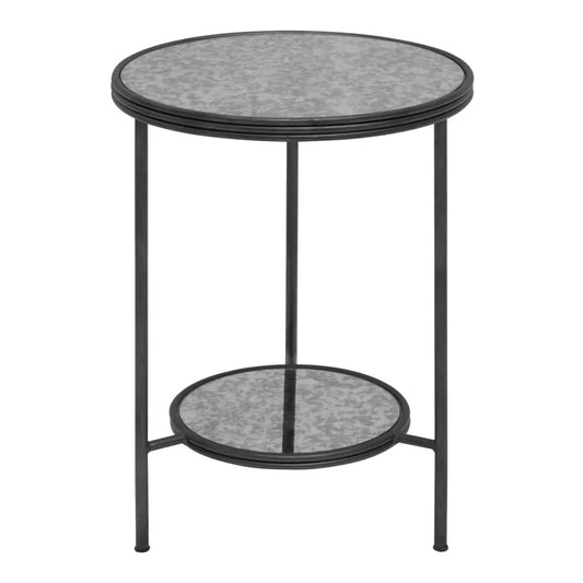Xania Round Two Tier Antique Mirrored Glass Side Table In Monochrome Hues