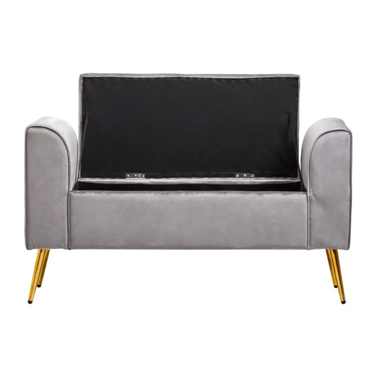 Loretta Velvet Storage Seating Bench In Grey With Gold Finish Legs