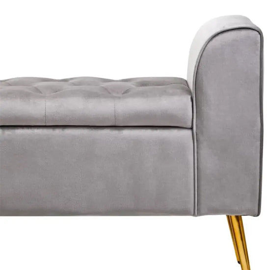 Loretta Velvet Storage Seating Bench In Grey With Gold Finish Legs