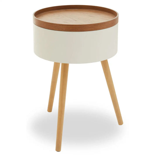 Viborg Round Storage Side Table In Cream And Oak