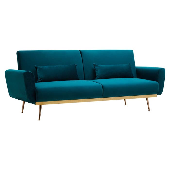 Hatton Velvet Sofa Bed In Green With Gold Iron Legs