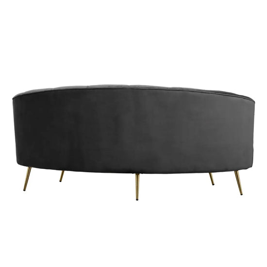 Hasna Velvet 3 Seater Sofa In Black With Gold Metal Legs