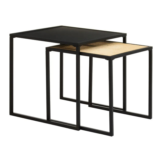 Depok Metal And Natural Rattan Nest Of 2 Tables In Black