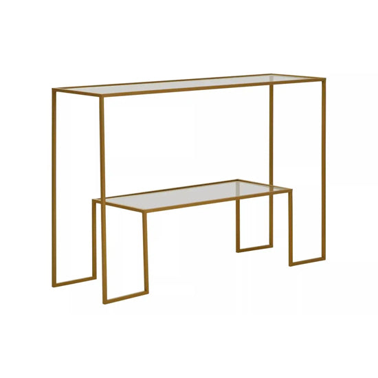 Avento Black Glass Top Console Table In Gold Frame