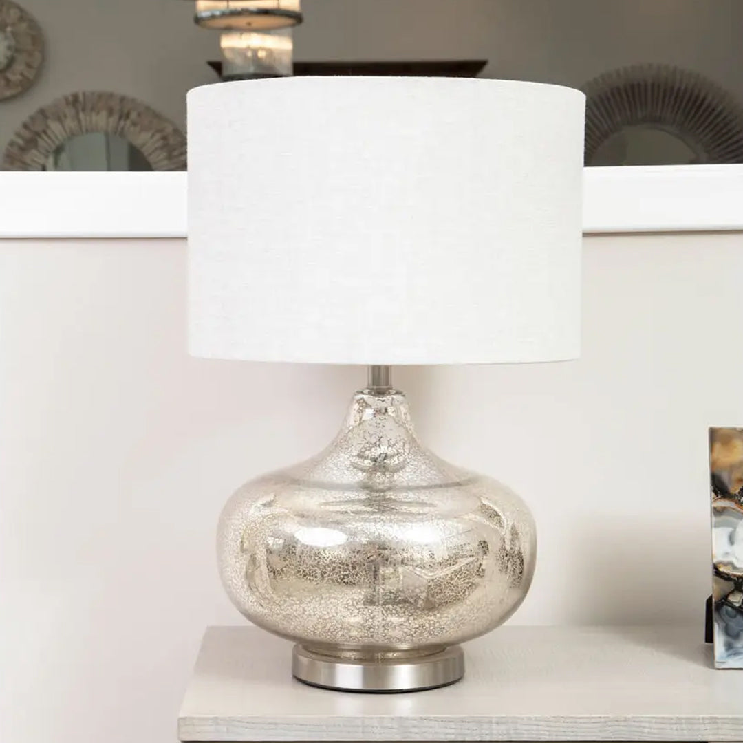 Luz Grey Linen Shade Table Lamp With Glass And Metal Base