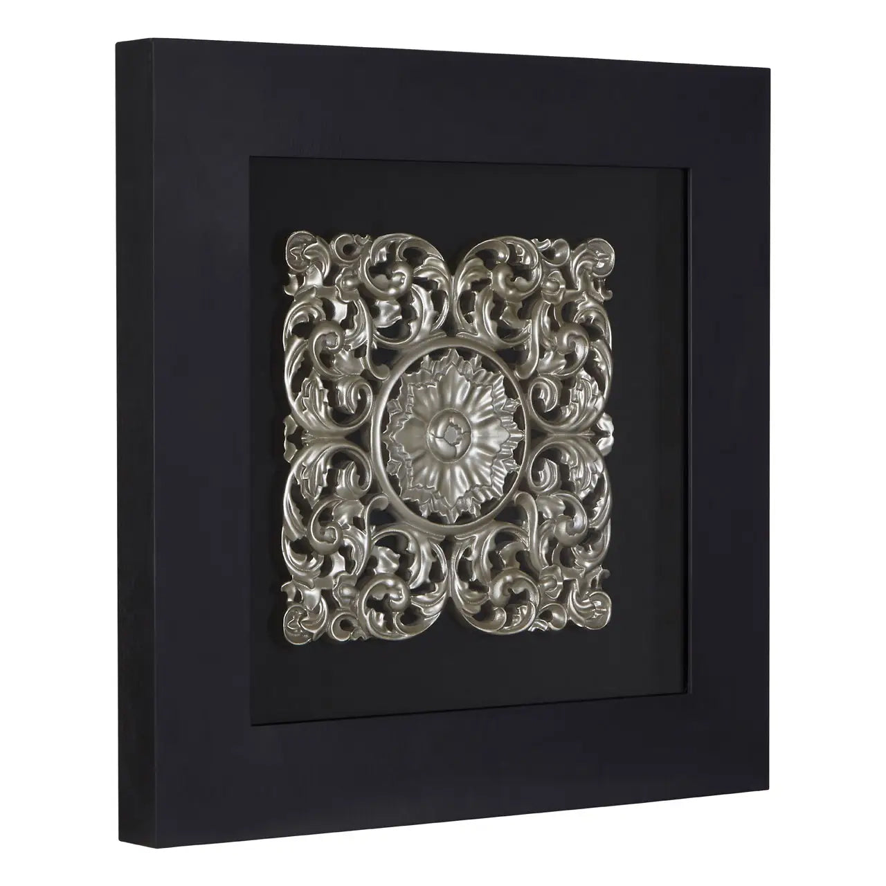 Nason Framed Wooden Filigree Carving Wall Art In Silver