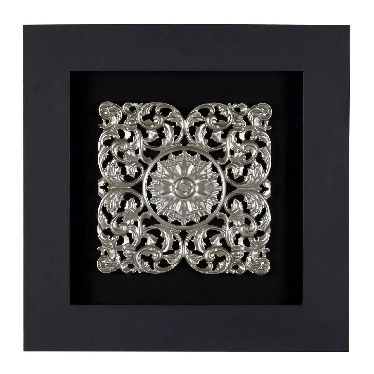 Nason Framed Wooden Filigree Carving Wall Art In Silver
