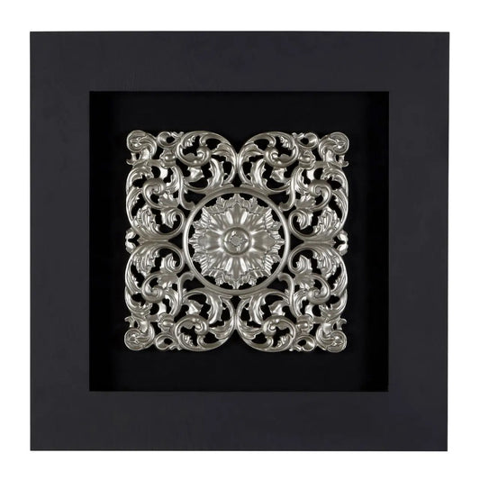 Nason Framed Wooden Filigree Carving Wall Art In Silver