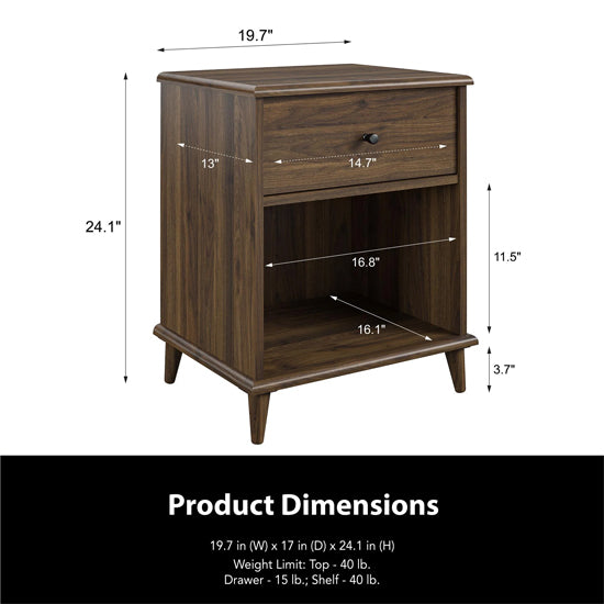 Farnsworth Wooden Bedside Cabinet With 1 Drawer In Walnut