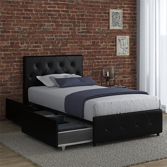 Dakota Faux Leather Single Bed With Storage Drawers In Black