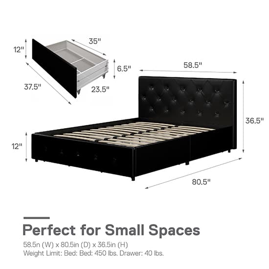 Dakota Faux Leather Double Bed With Storage Drawers In Black