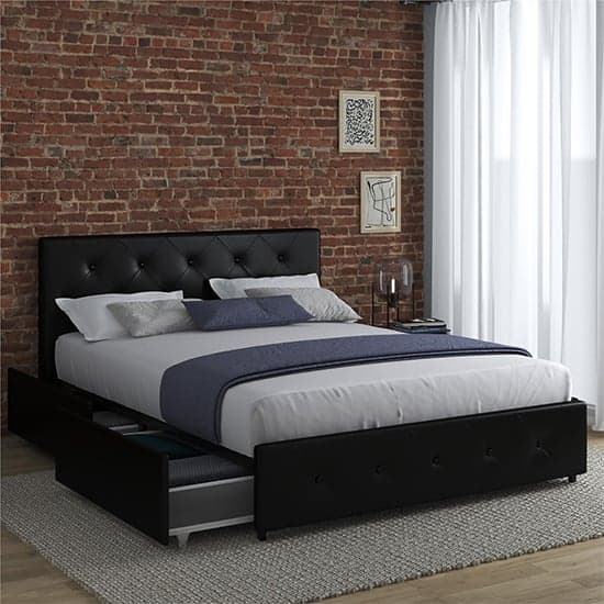 Dakota Faux Leather King Size Bed With Storage Drawers In Black