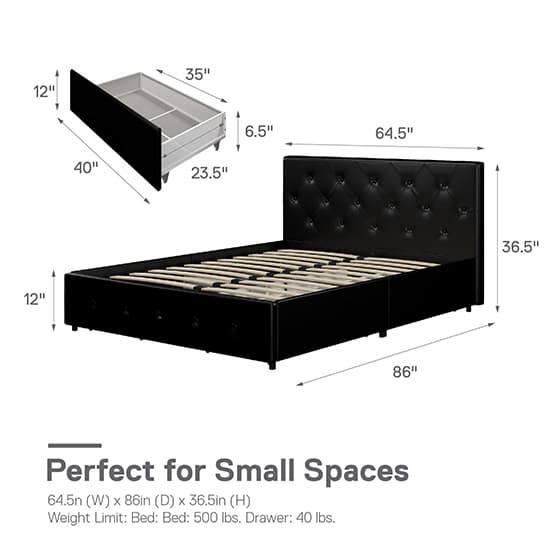 Dakota Faux Leather King Size Bed With Storage Drawers In Black