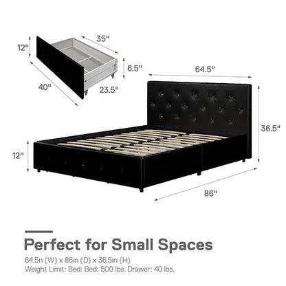 Dakota Faux Leather King Size Bed With Storage Drawers In Black