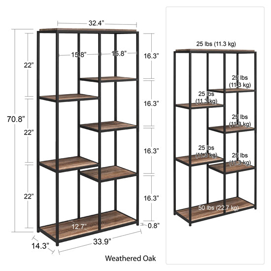 Quincy Wooden Bookcase With 5 Shelf In Weathered Oak
