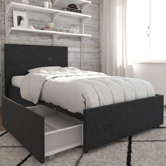Kelly Linen Fabric Single Bed With 2 Drawers In Dark Grey