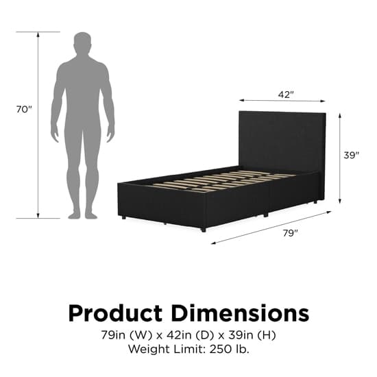 Kelly Linen Fabric Single Bed With 2 Drawers In Dark Grey