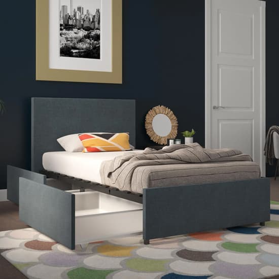 Kelly Linen Fabric Single Bed With 2 Drawers In Navy