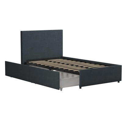 Kelly Linen Fabric Single Bed With 2 Drawers In Navy