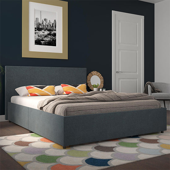 Kelly Linen Fabric Double Bed With 4 Drawers In Navy