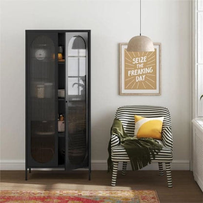 Luna Tall Metal Storage Cabinet With 2 Fluted Glass Doors In Black