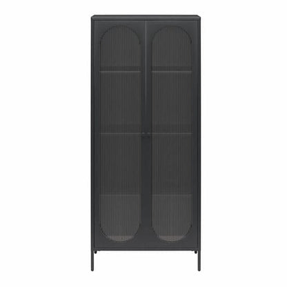 Luna Tall Metal Storage Cabinet With 2 Fluted Glass Doors In Black