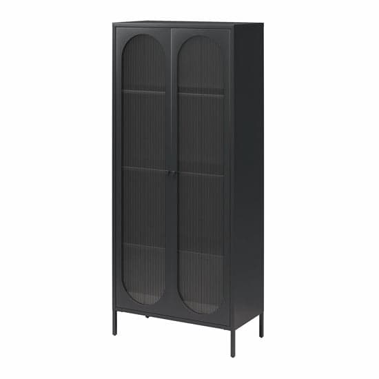Luna Tall Metal Storage Cabinet With 2 Fluted Glass Doors In Black