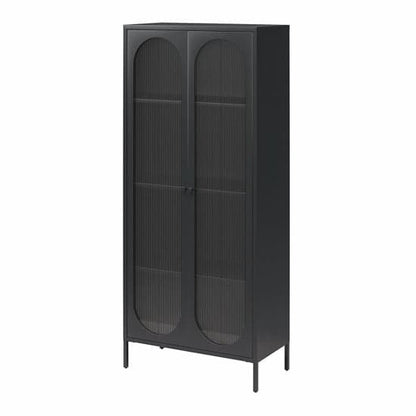 Luna Tall Metal Storage Cabinet With 2 Fluted Glass Doors In Black
