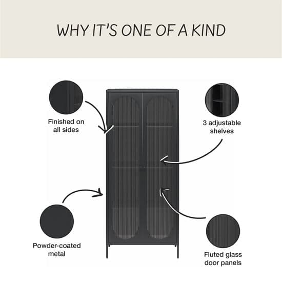 Luna Tall Metal Storage Cabinet With 2 Fluted Glass Doors In Black